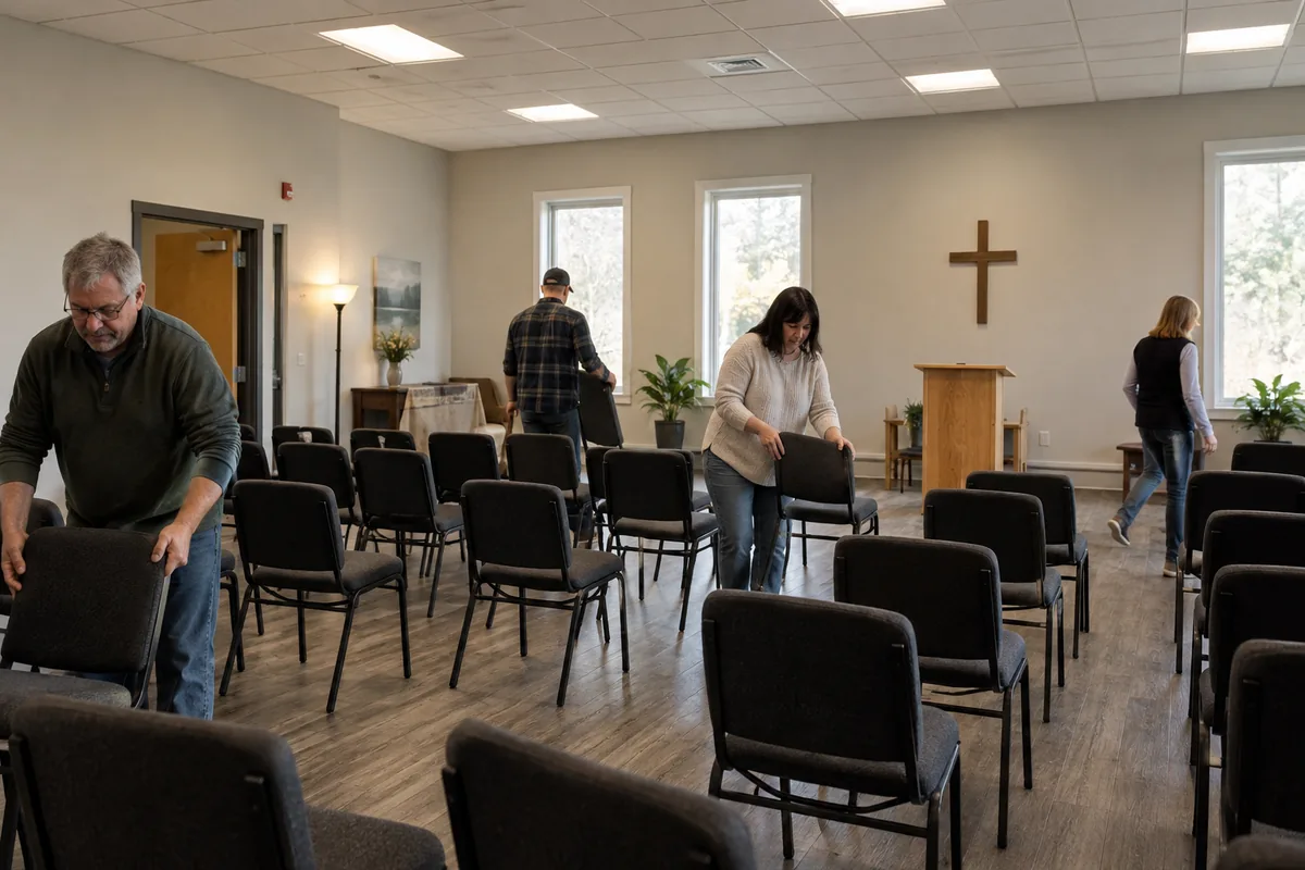 Volunteers arranging a church gathering room