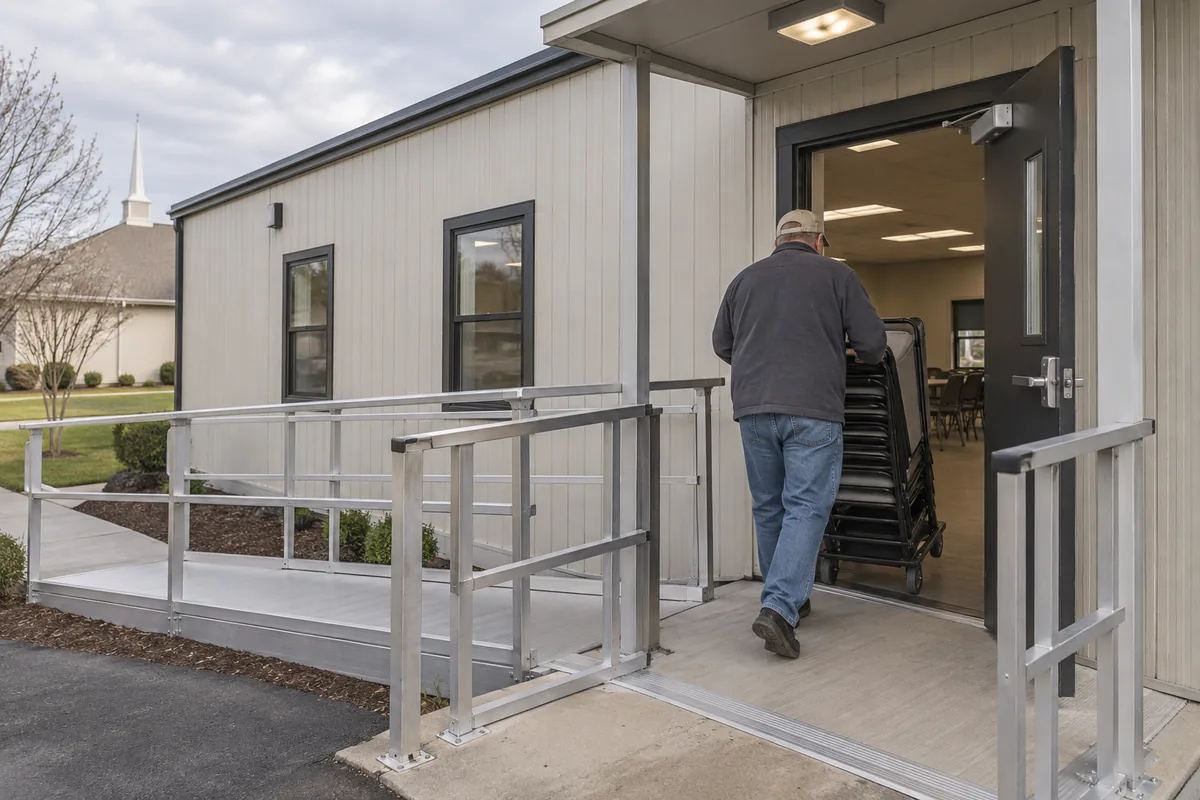 Accessible ramp and open doorway on a panel-sided annex