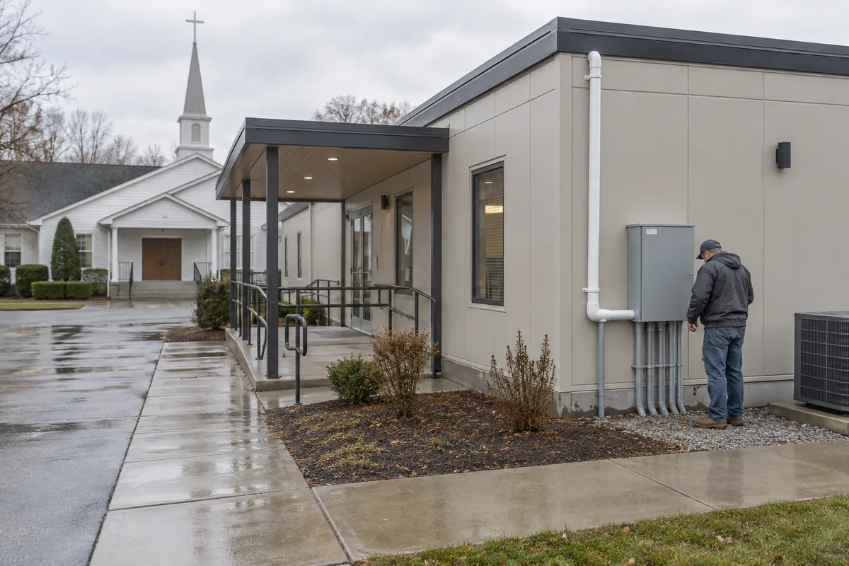 Utility service work beside a panel-sided church annex