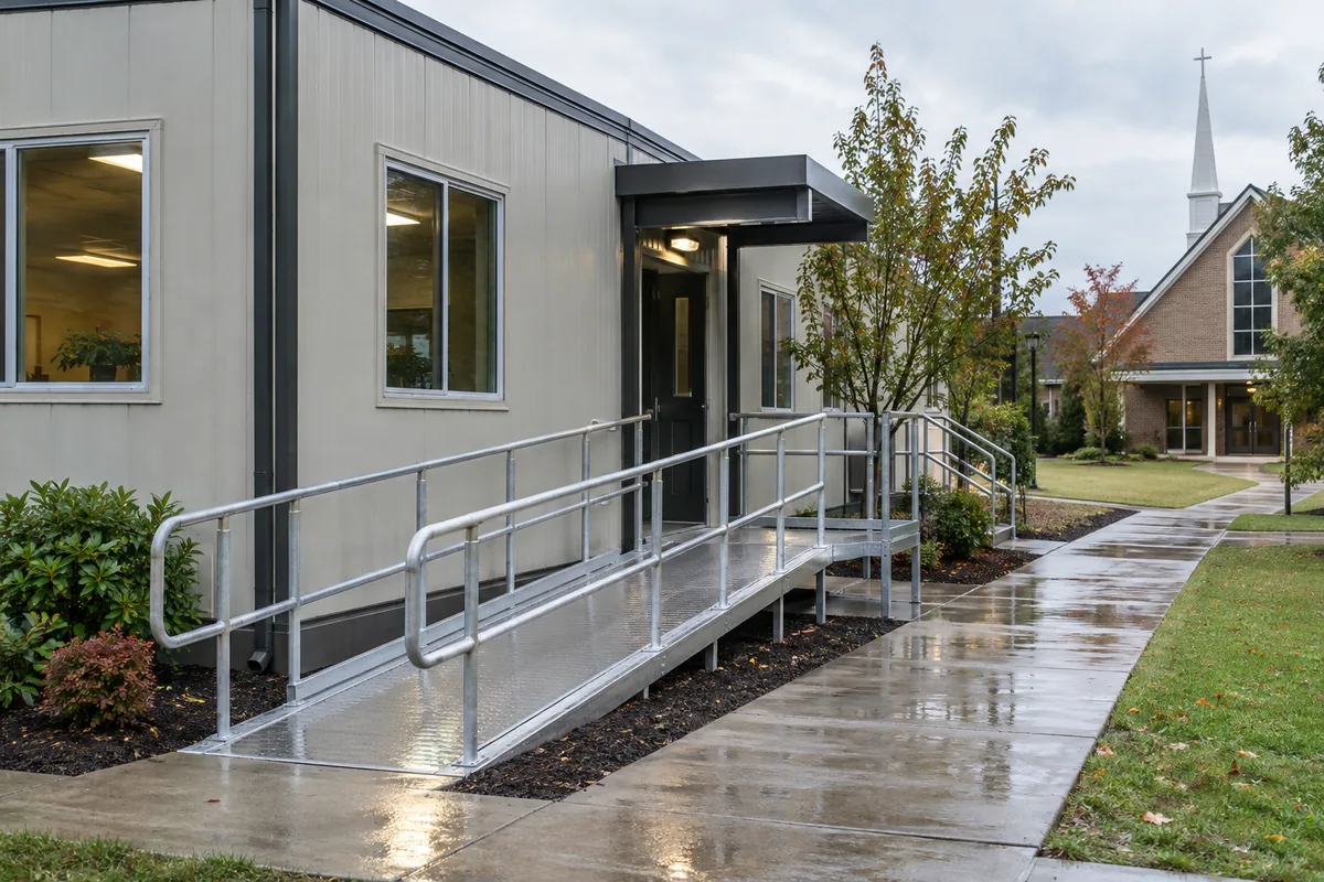 Ramp and entrance to a community annex beside a church
