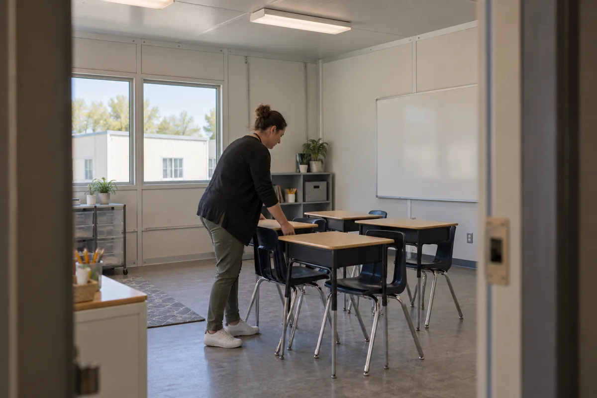 Adult teacher preparing desks in a modular classroom