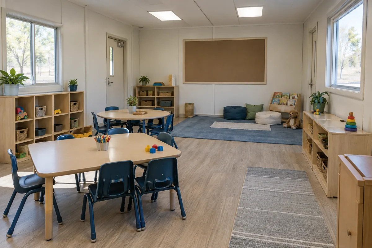 Empty early-learning room with low tables, cubbies, and reading area