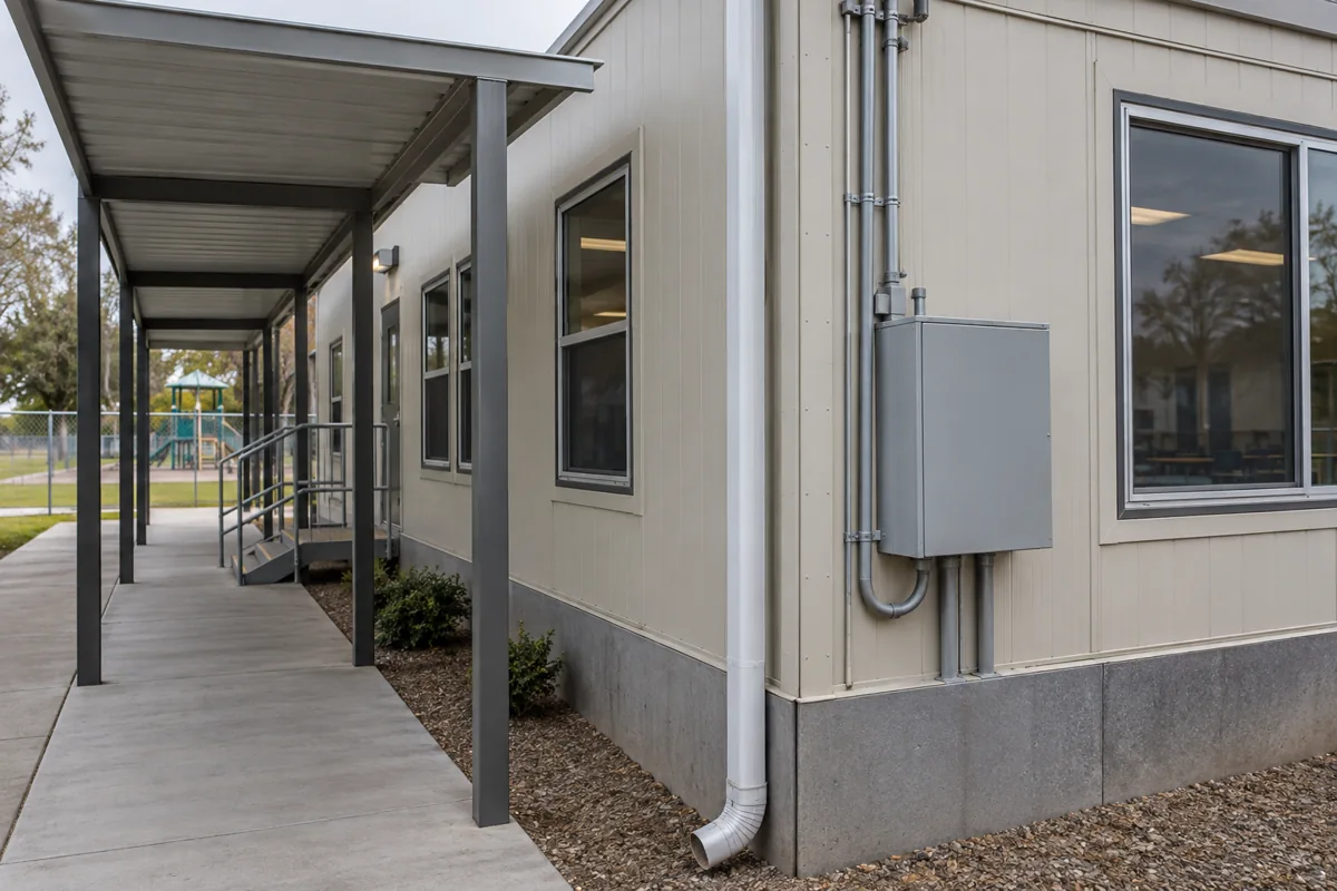 Panelized classroom exterior, covered walk, and generic service cabinet