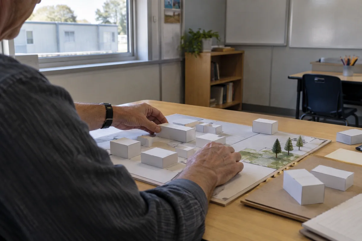 Physical room-layout planning model on a school project table