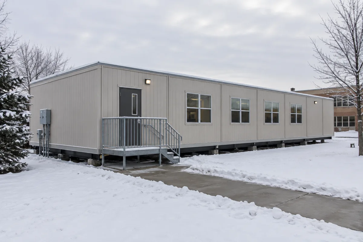 Modular classroom exterior in a winter school setting