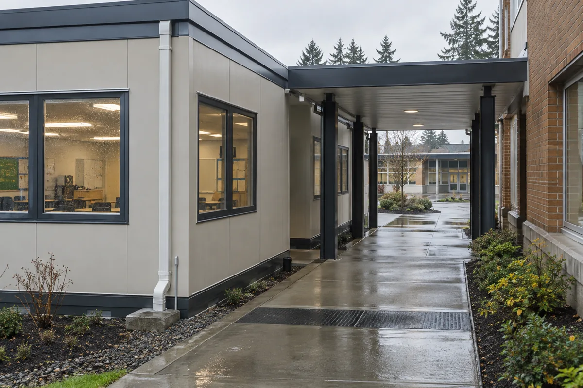 Covered walkway linking classroom module and campus circulation