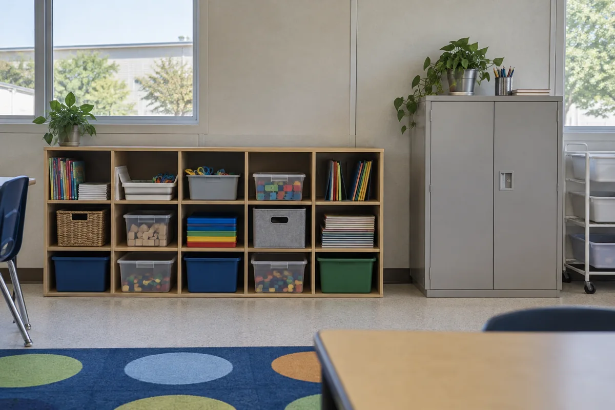 Classroom cubby and supply storage detail