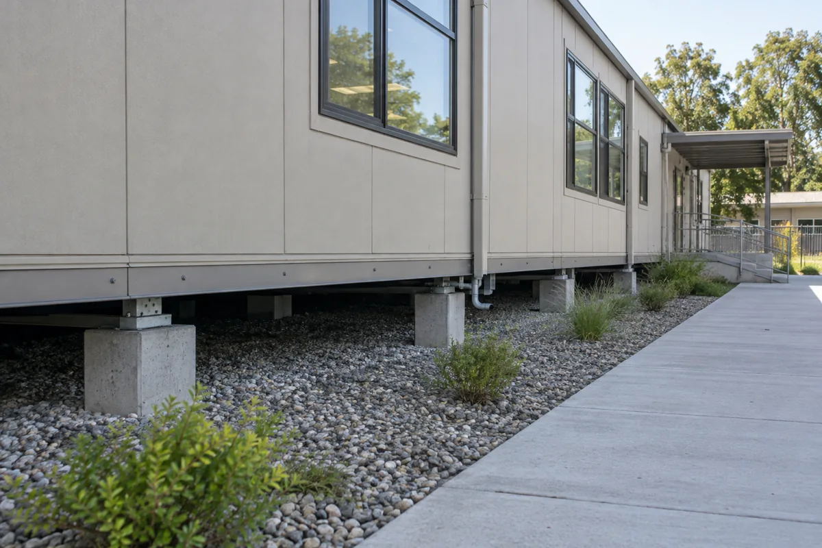 Modular classroom foundation edge, grade, and drainage context