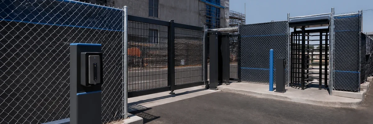 Access control reader and secure pedestrian gate at a commercial jobsite