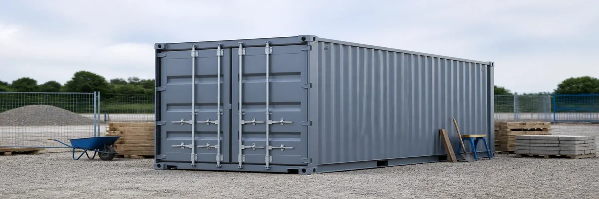 Steel storage container positioned on a commercial construction site
