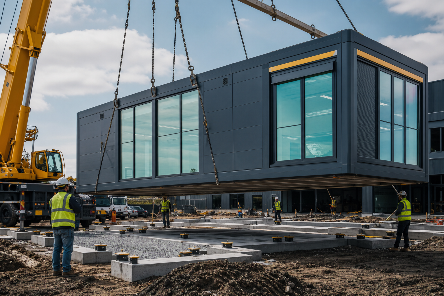 Commercial modular building installation at an active construction site