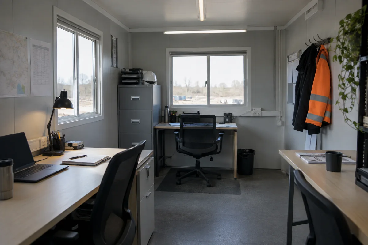 Compact modular office with desks and task lighting
