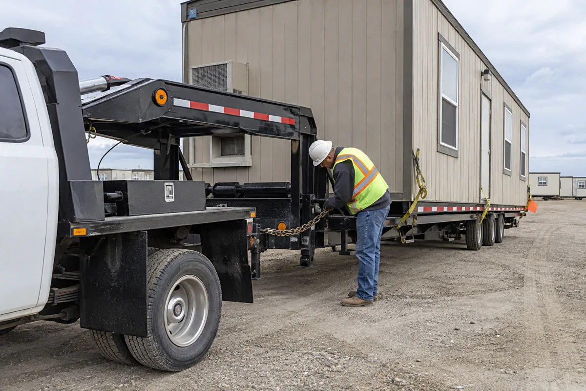 Office trailer prepared for transport