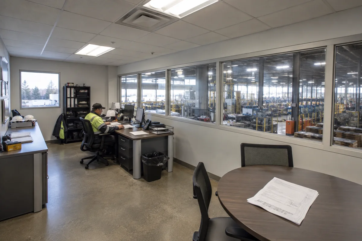 In-plant modular office overlooking a manufacturing floor