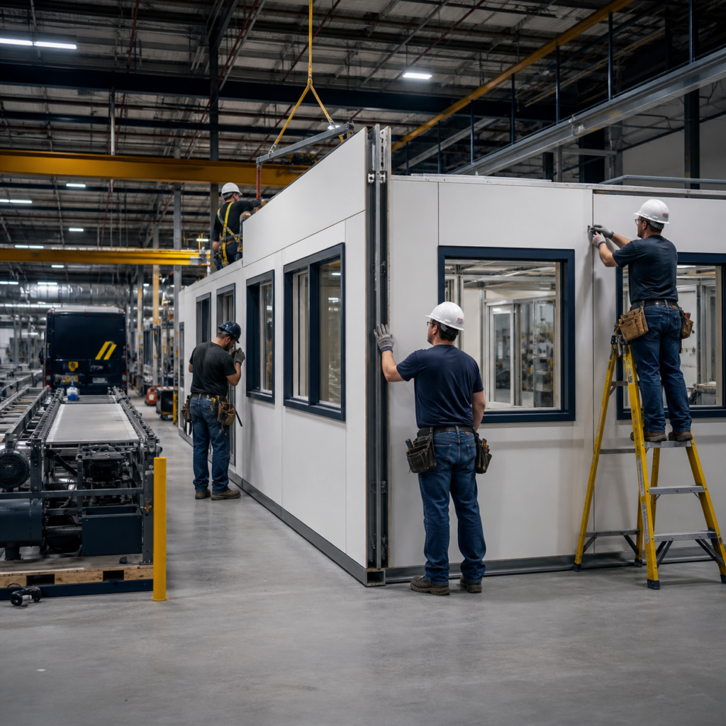 Crew installing a modular in-plant office inside a factory