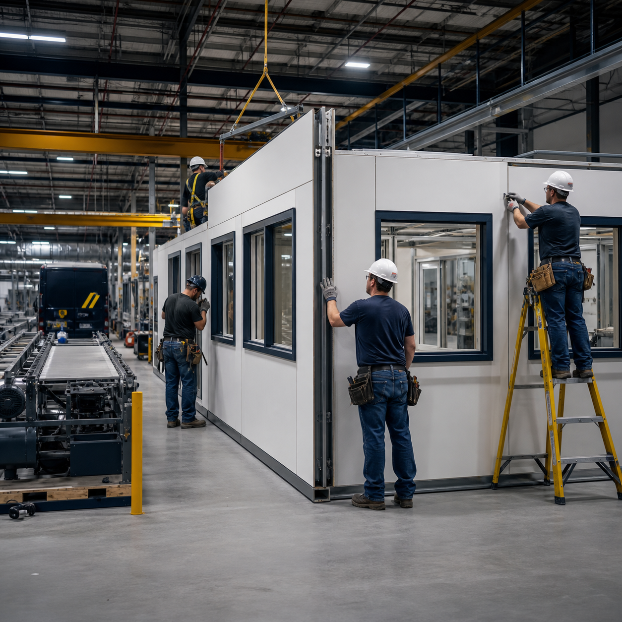 Crew installing a modular in-plant office inside a factory