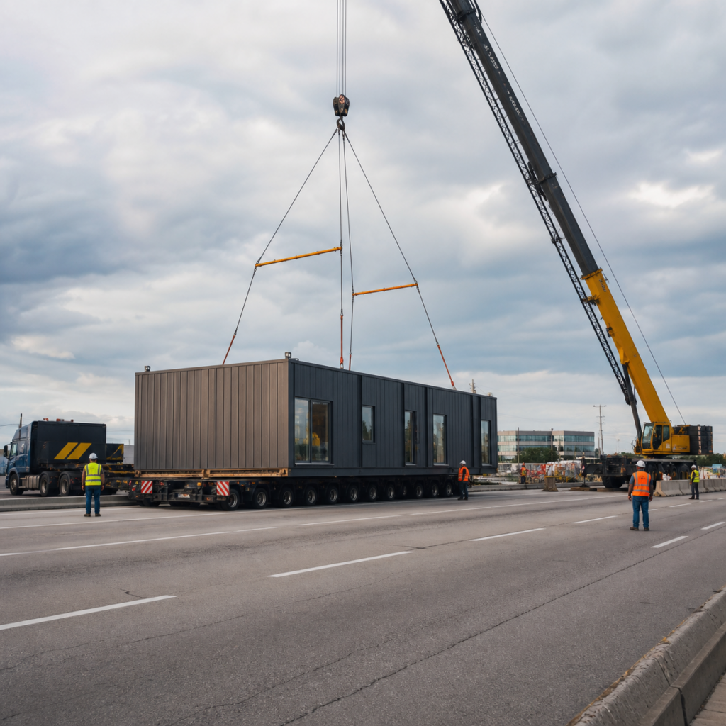 Commercial building module arriving for crane installation