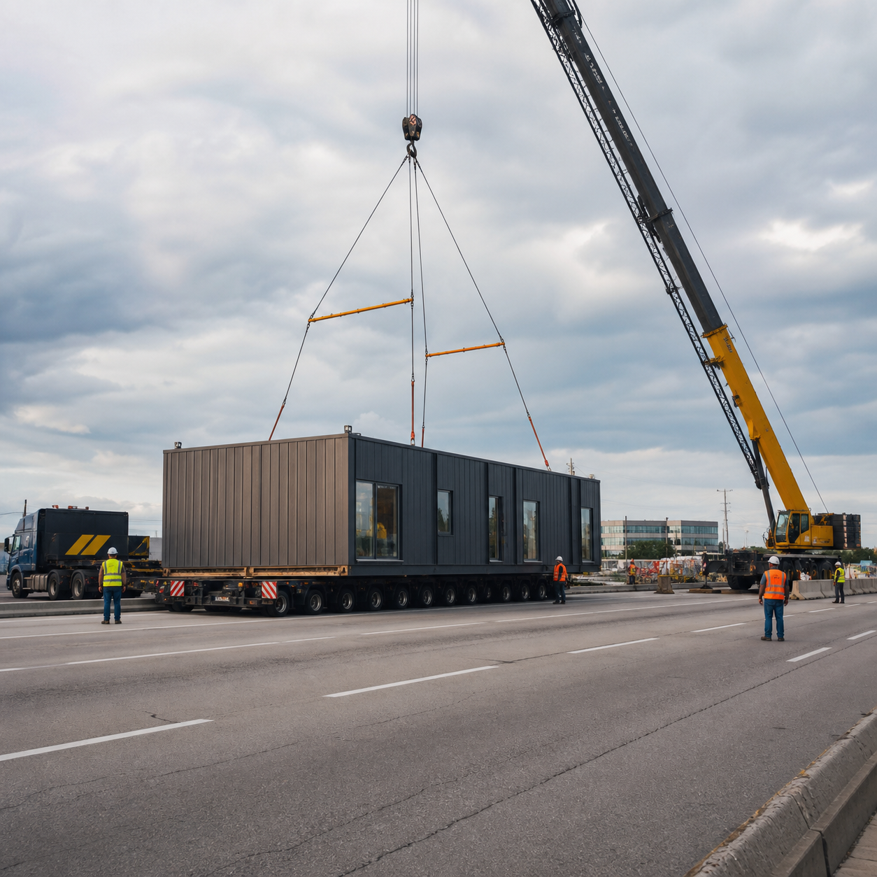 Commercial building module arriving for crane installation