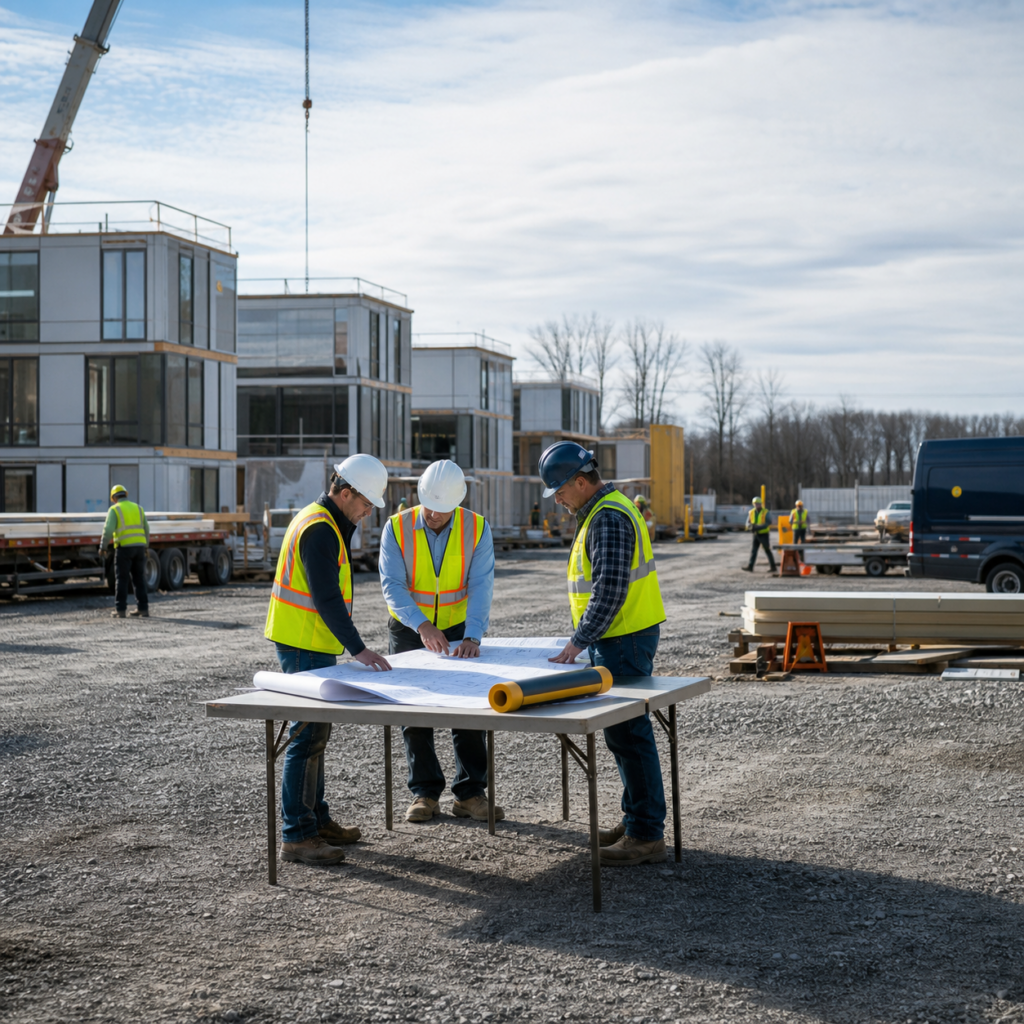 Project team reviewing plans and modular building budget options