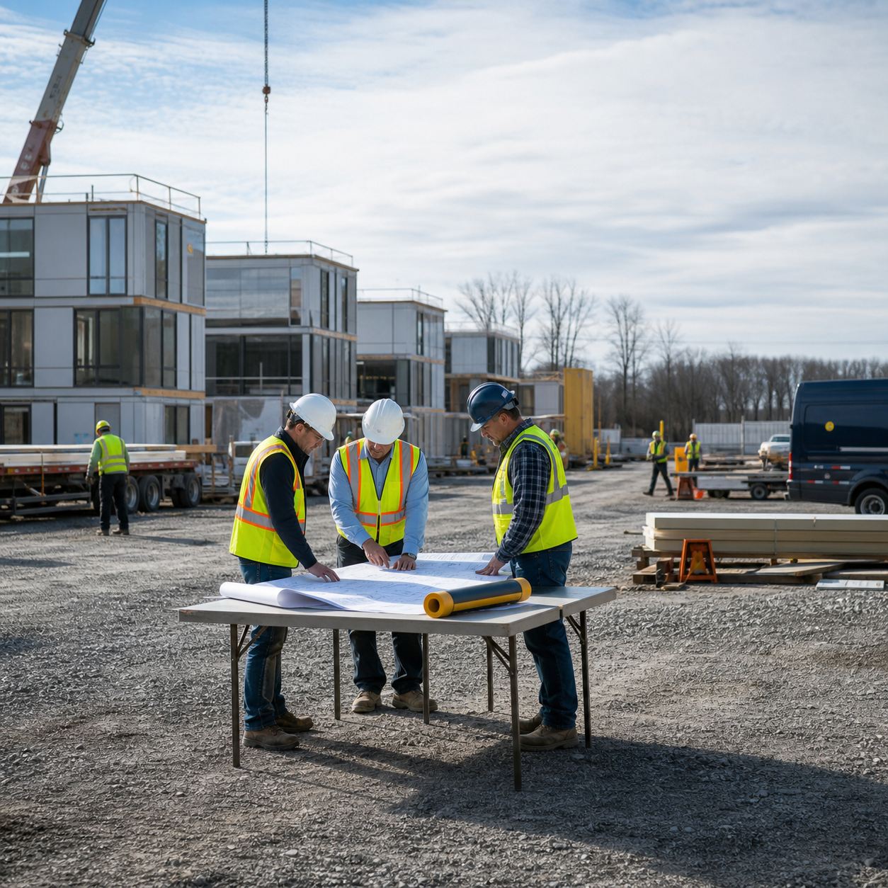 Project team reviewing plans and modular building budget options
