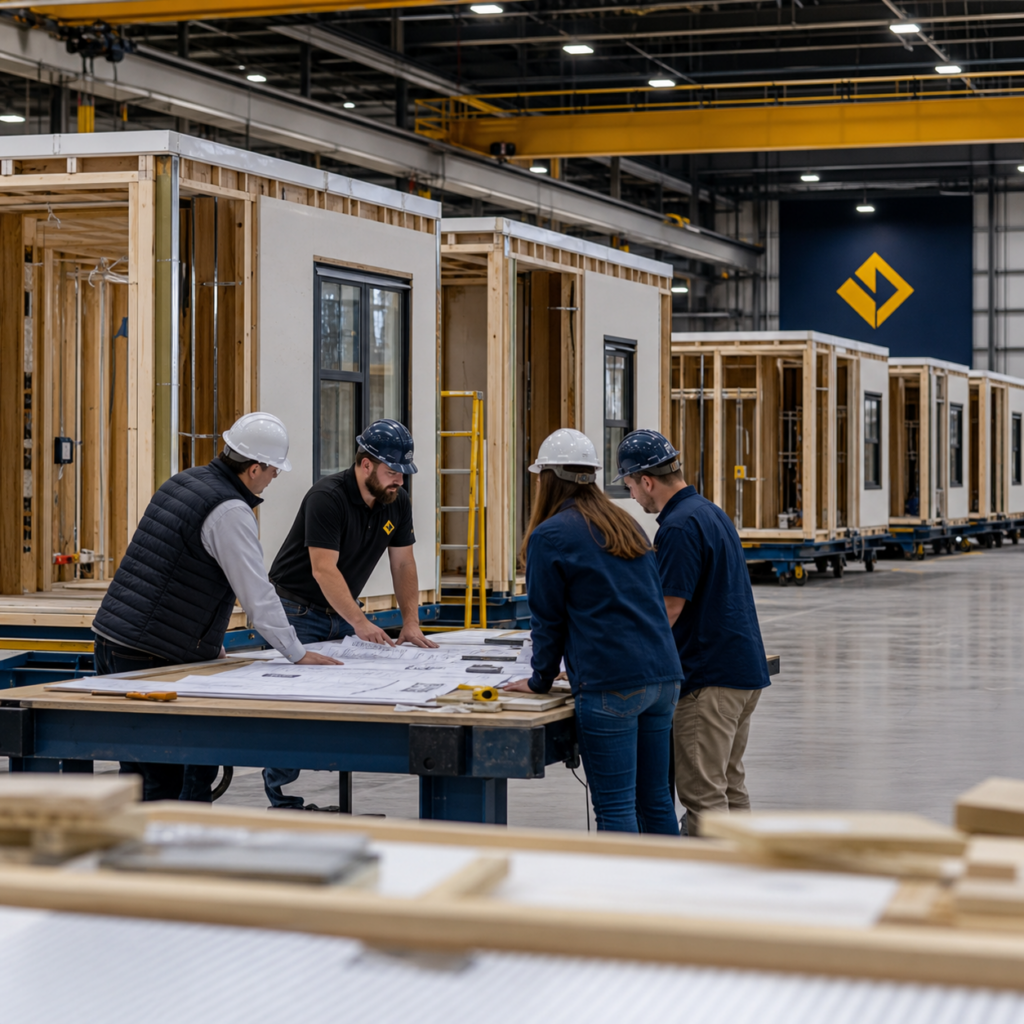 Architects and supervisors reviewing modular building floor plans