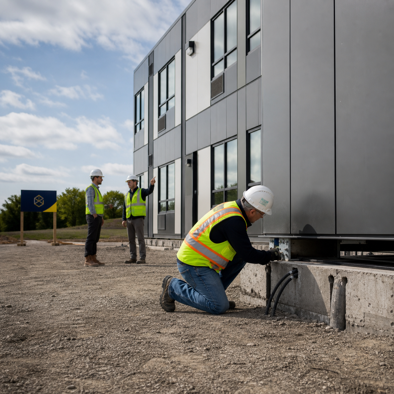 Inspector and construction team reviewing modular building connections