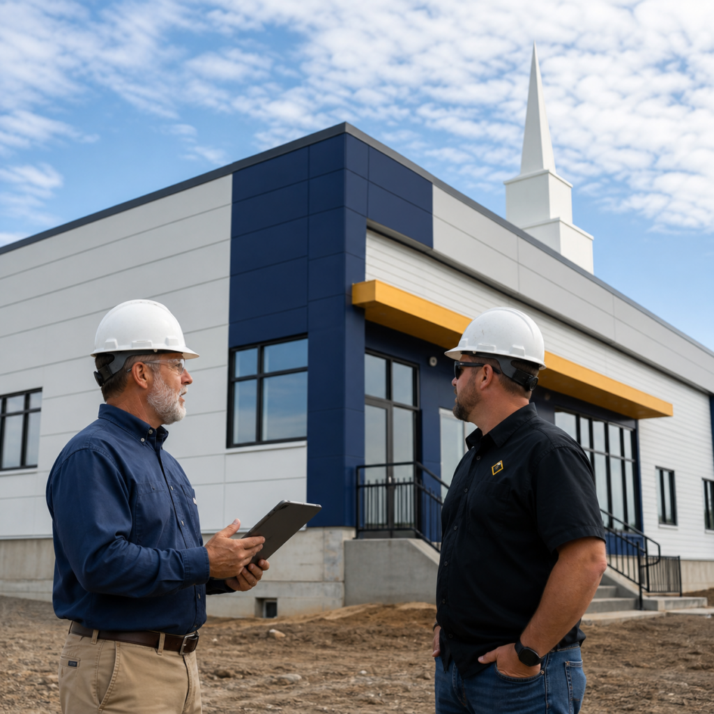 Field inspection at a modern modular church building