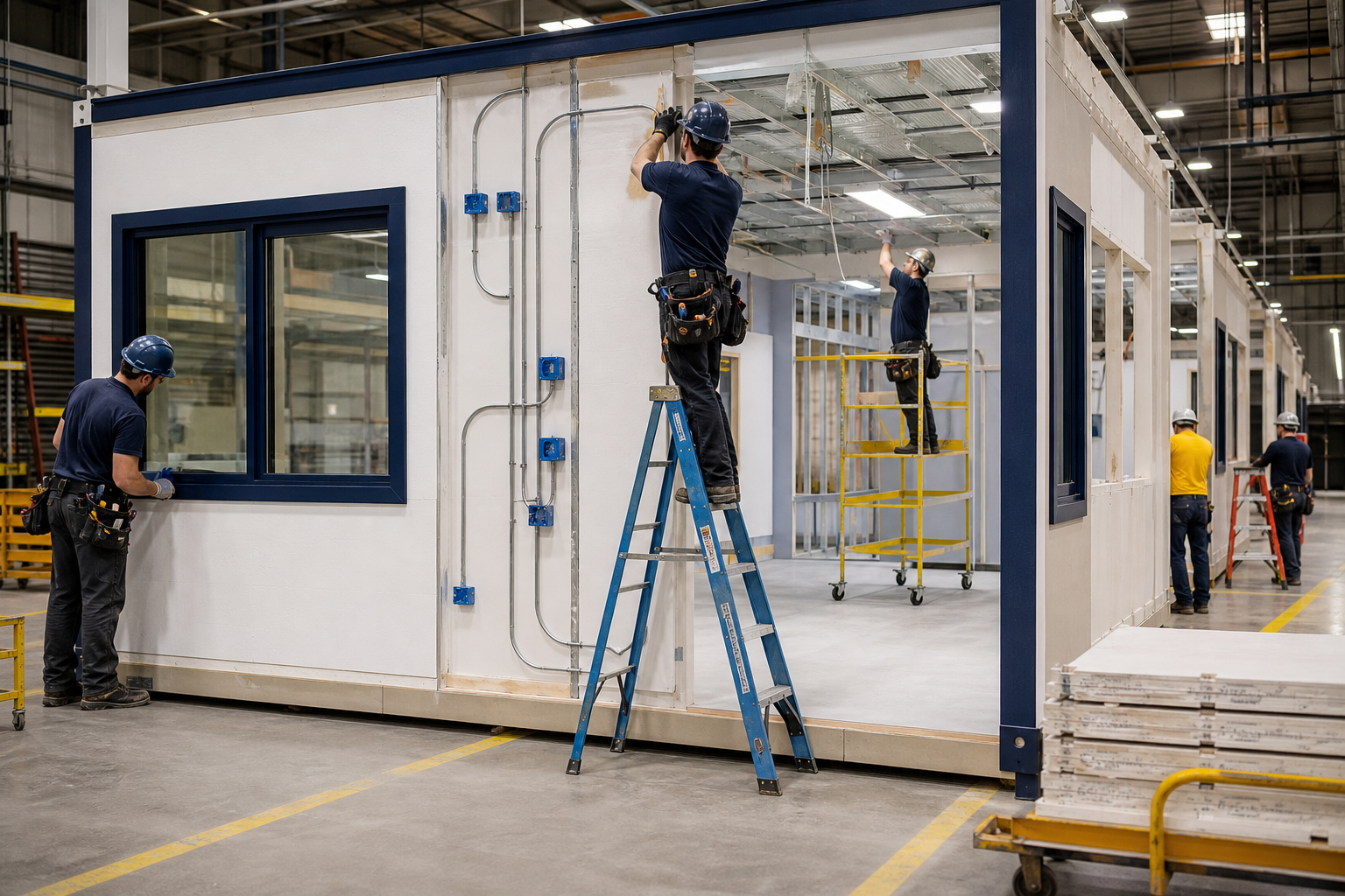 Factory crew constructing a modular classroom section