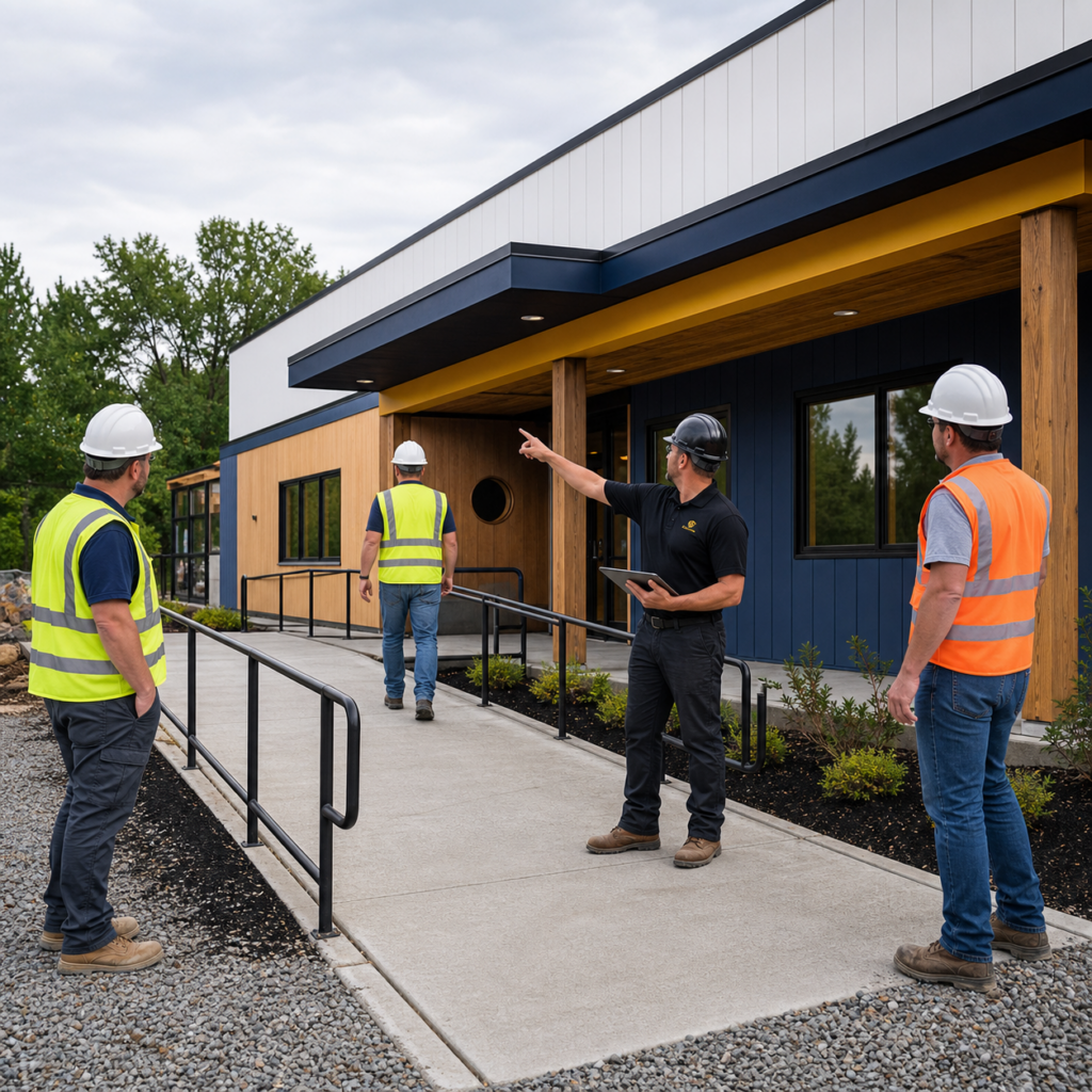 Construction team reviewing a modular daycare building entrance