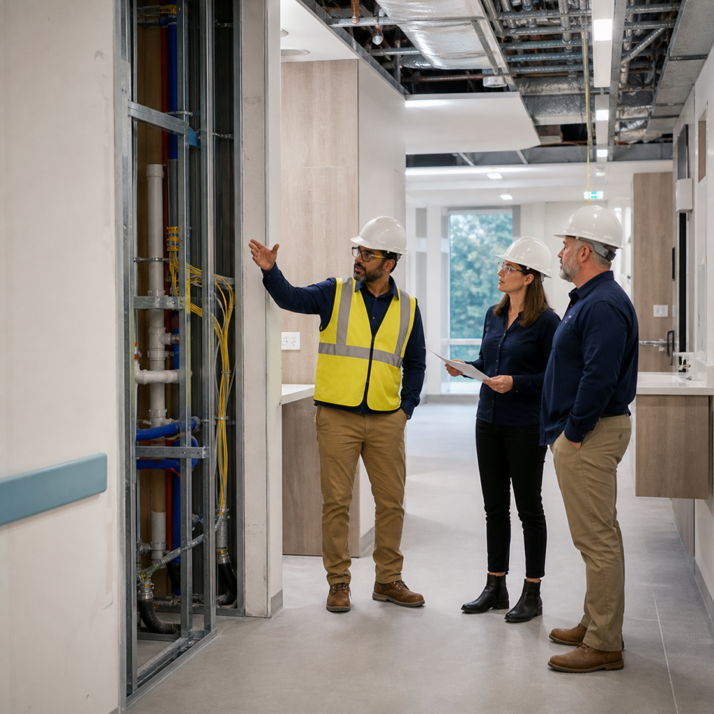 Team inspecting building systems inside a modular medical clinic