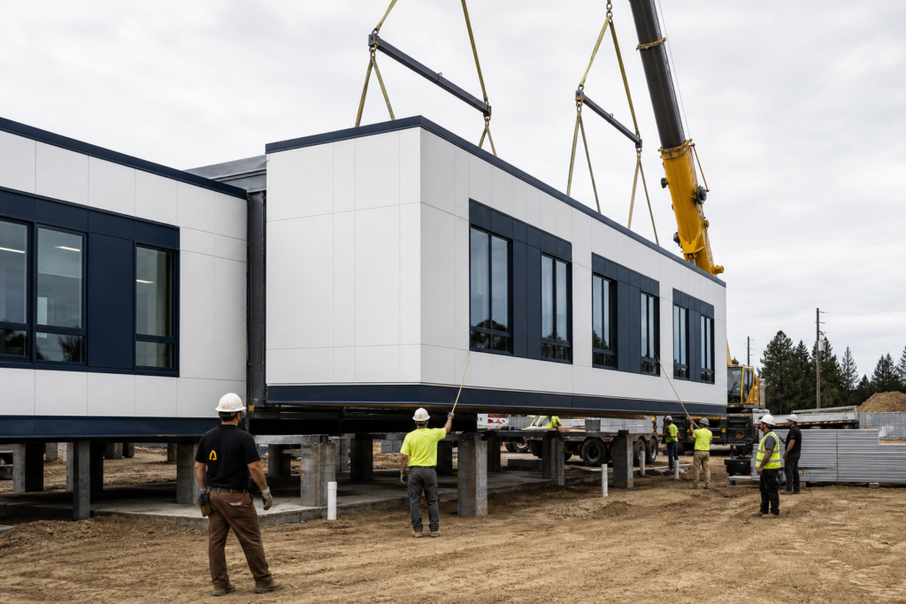 Crew installing a modern modular office building section by crane