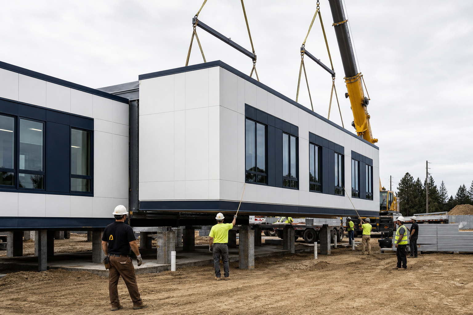 Crew installing a modern modular office building section by crane