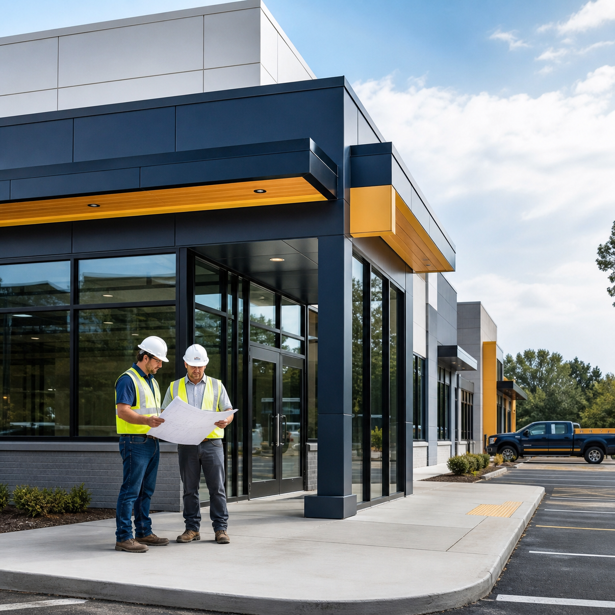 Project team reviewing a modern modular retail building