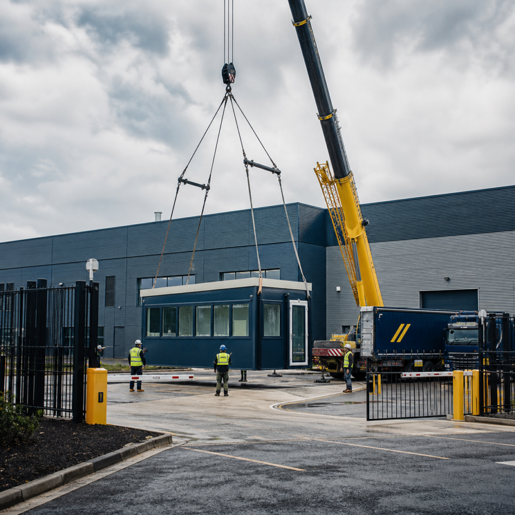 Crane crew installing a modular security building at an industrial entrance