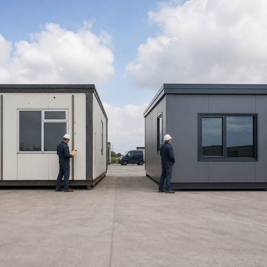 Technicians comparing new and refurbished modular building sections