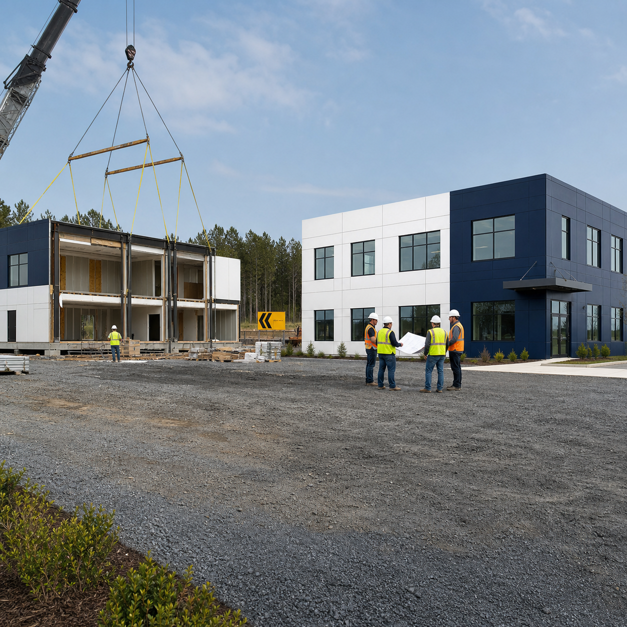 Temporary and permanent modular buildings on a commercial project site