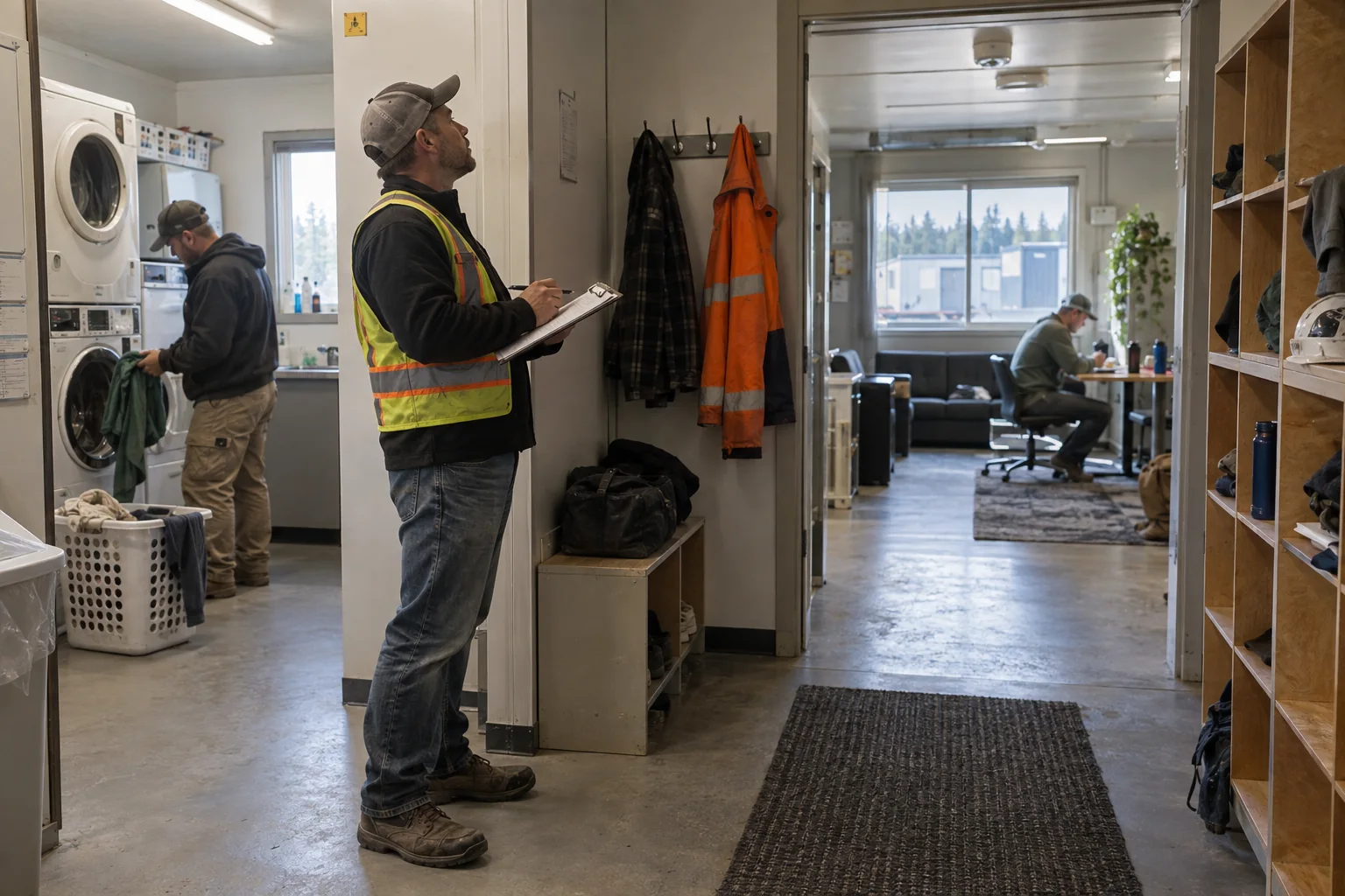 Facilities coordinator inspecting laundry and common space in modular workforce housing