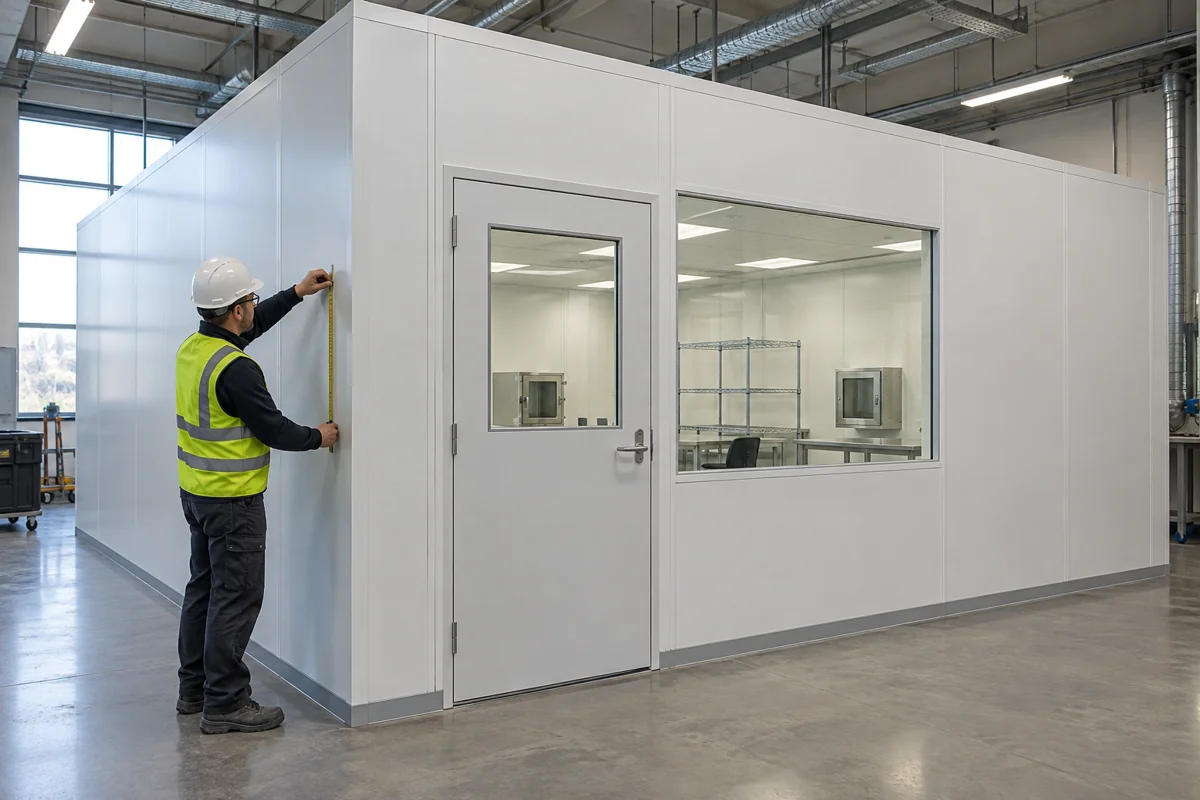 A modular controlled-environment enclosure inside an industrial facility