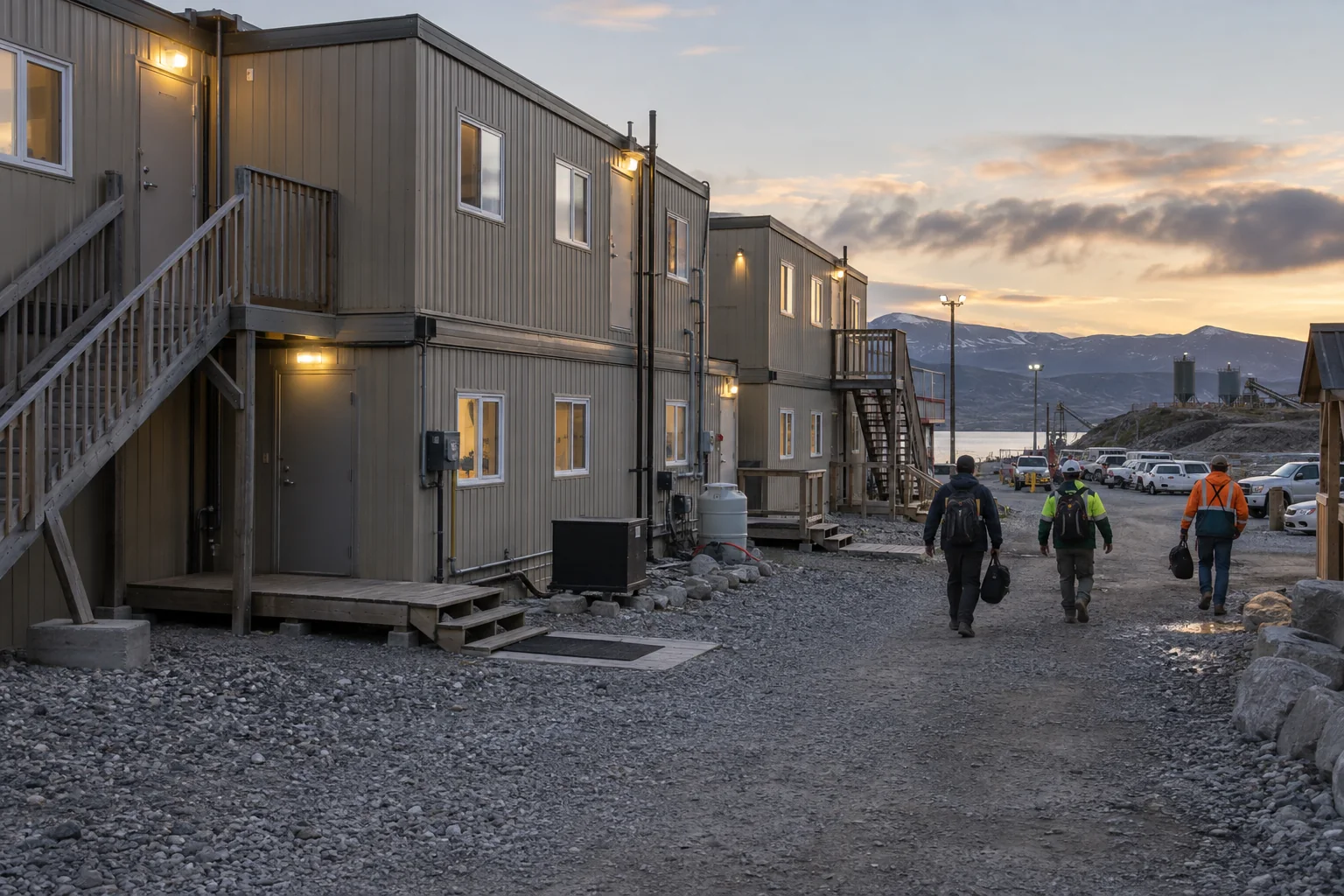 Workers returning to connected modular workforce housing at a remote project site