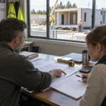 Project manager comparing modular building plans and itemized proposals