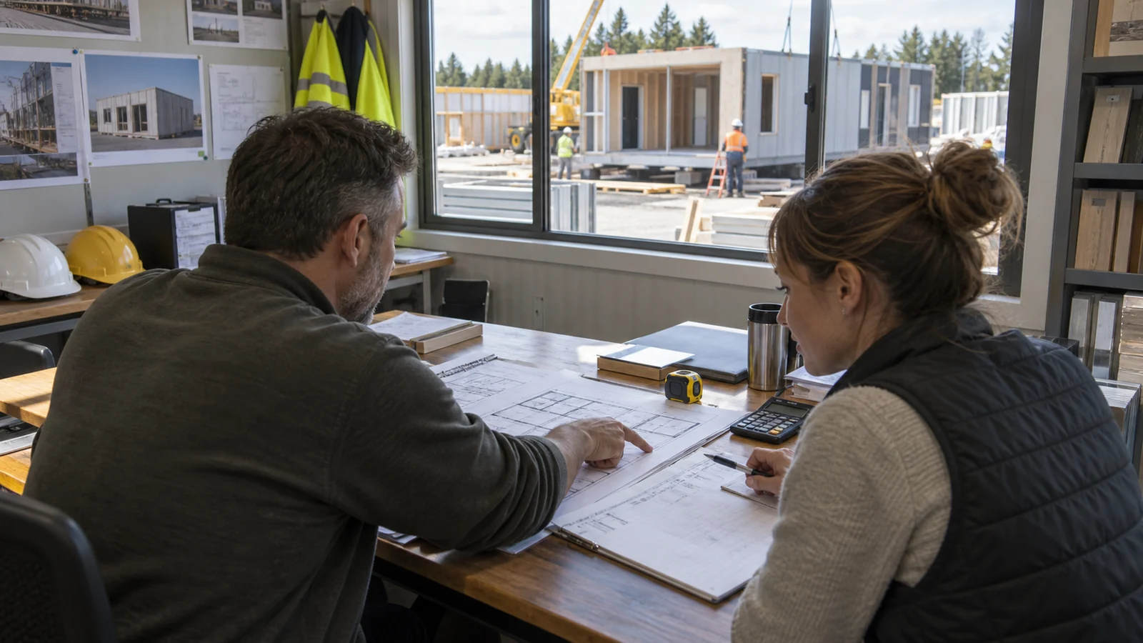 Project manager comparing modular building plans and itemized proposals