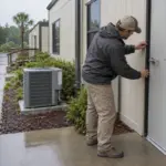 Technician checking exterior door seals at a commercial modular office