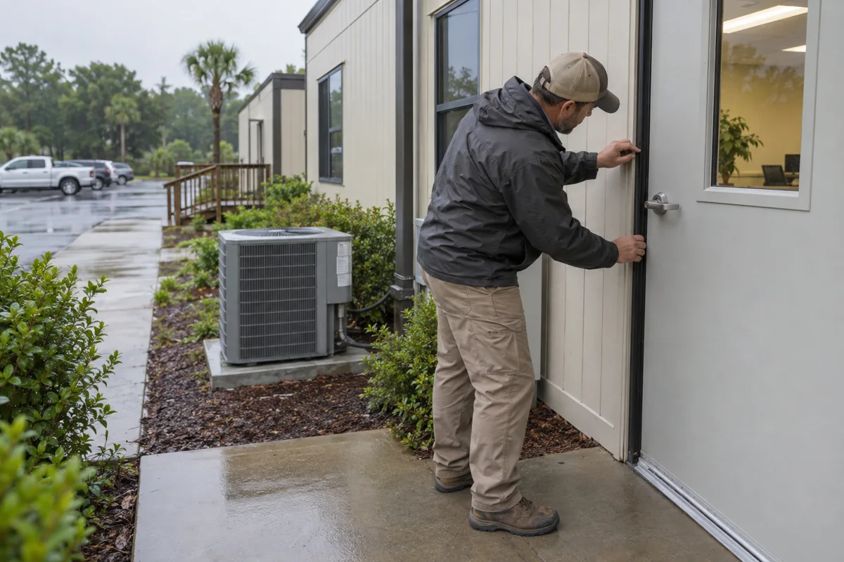 Technician checking exterior door seals at a commercial modular office