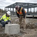 Construction team reviewing concrete pier footings beside a commercial modular building chassis
