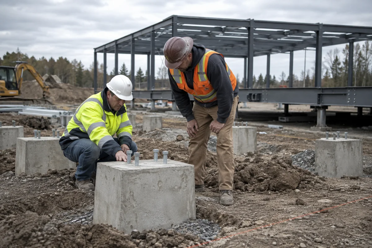 Construction team reviewing concrete pier footings beside a commercial modular building chassis