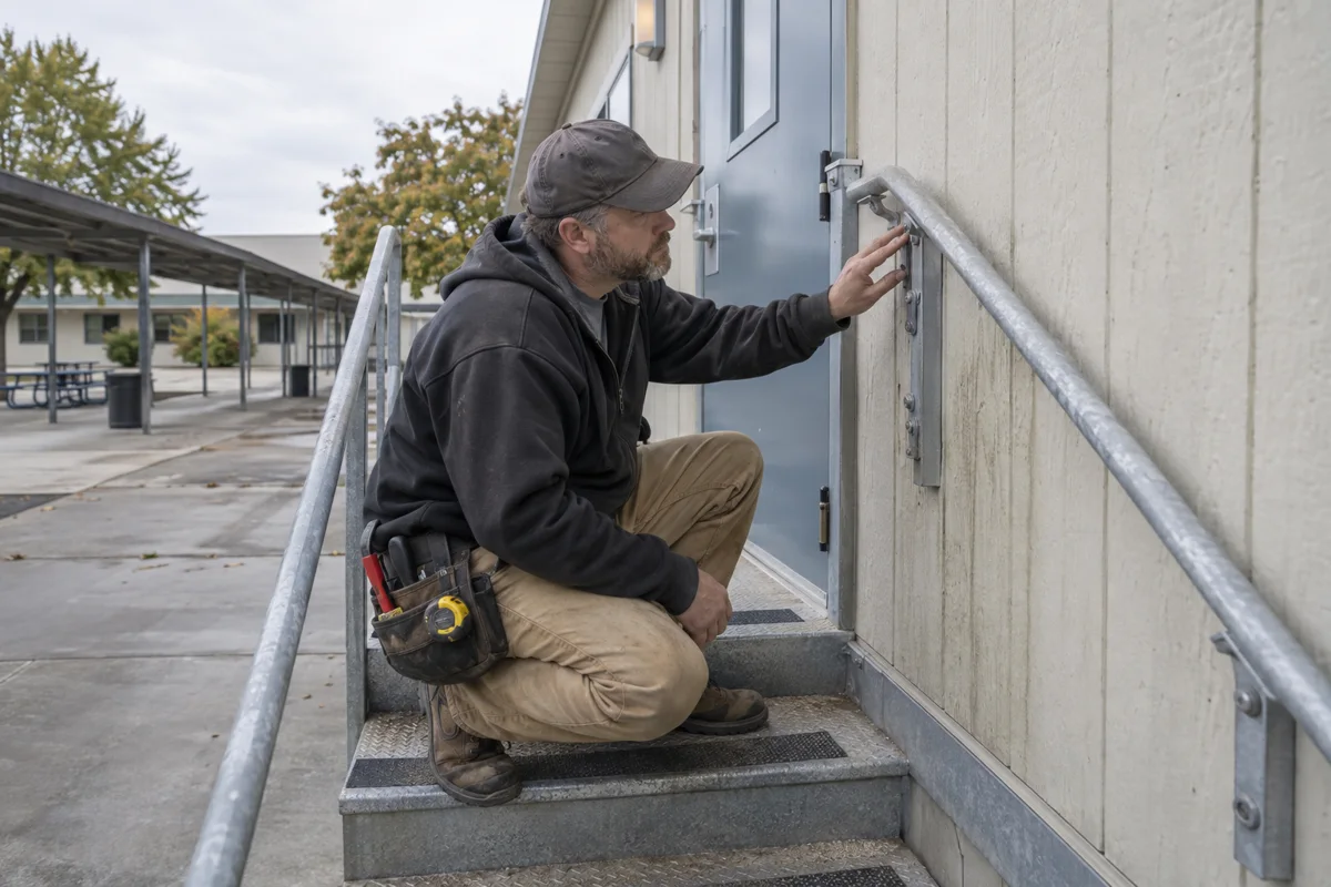 Facilities technician inspecting an exterior handrail and siding at a modular classroom