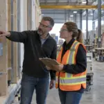 Project team reviewing a modular building site plan with a supplier