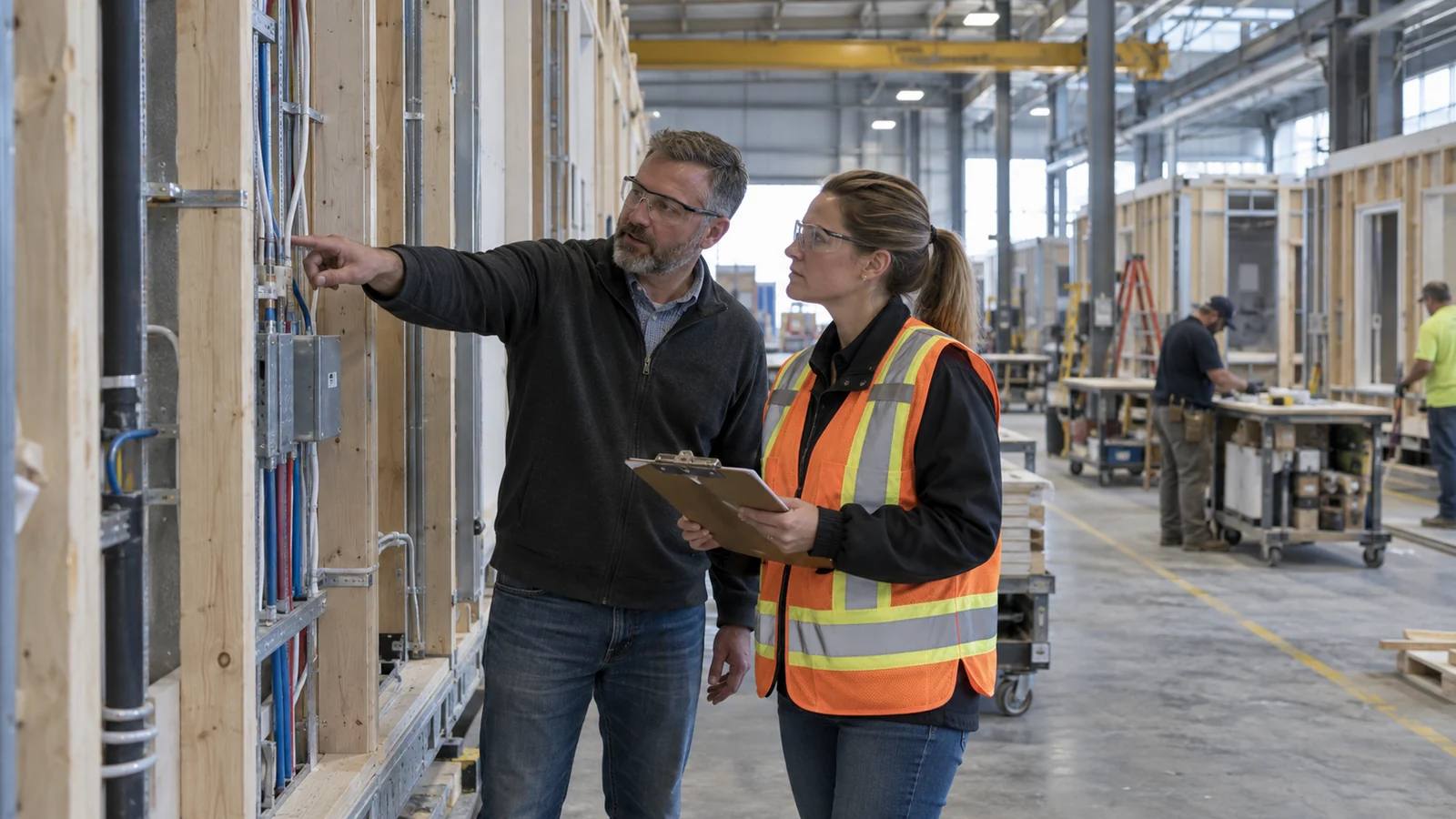 Project team reviewing a modular building site plan with a supplier
