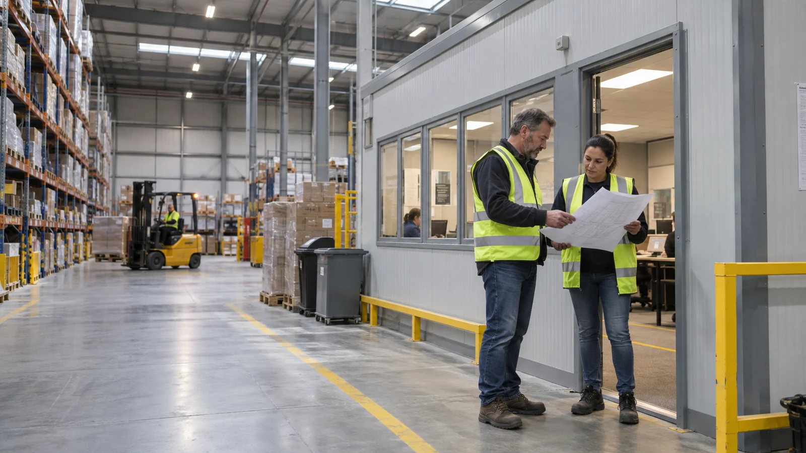 Modular supervisor office installed inside an active warehouse