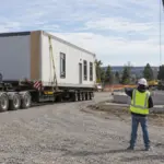 Modular building sections arriving by truck for crane installation on a prepared site